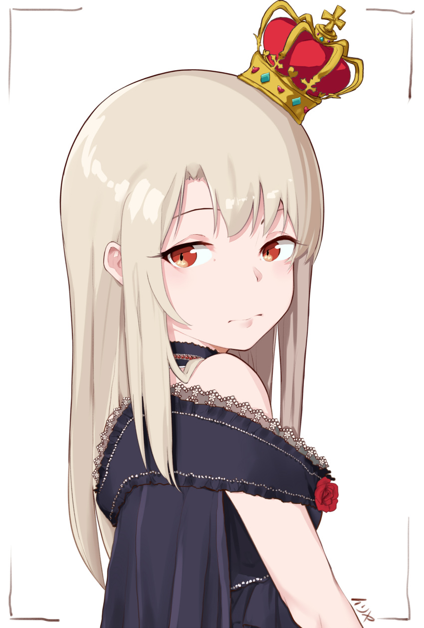 1girl absurdres alternate_costume bangs bare_shoulders blush commentary_request crown face fate/kaleid_liner_prisma_illya fate/stay_night fate_(series) flower from_side frown highres illyasviel_von_einzbern long_hair looking_at_viewer pear_sauce red_eyes red_flower solo