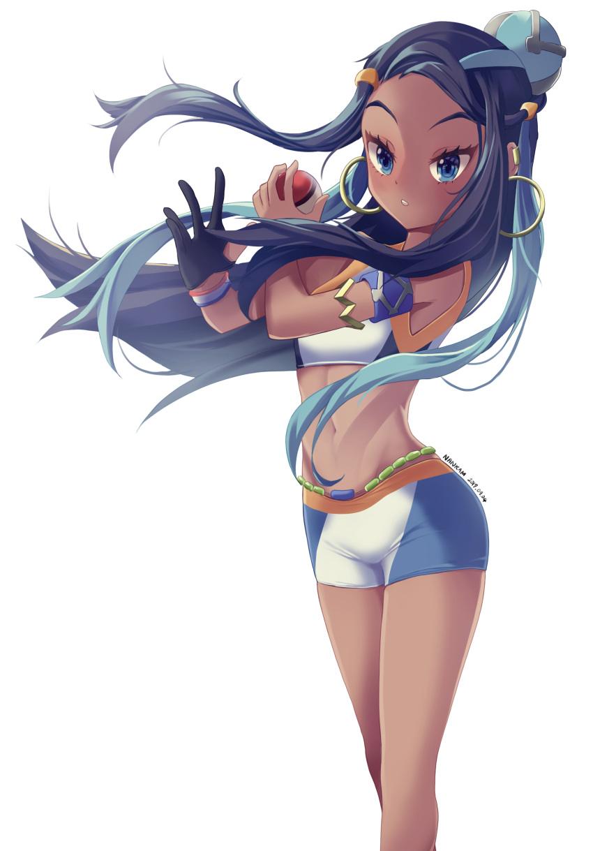 1girl absurdres armlet artist_name belly_chain black_hair blue_eyes blue_hair breasts commentary_request dark_skin dated earrings gloves gym_leader hair_bun highres holding holding_poke_ball hoop_earrings jewelry long_hair looking_at_viewer multicolored_hair nankam navel poke_ball pokemon pokemon_(game) pokemon_swsh rurina_(pokemon) simple_background single_glove solo swimsuit two-tone_hair white_background
