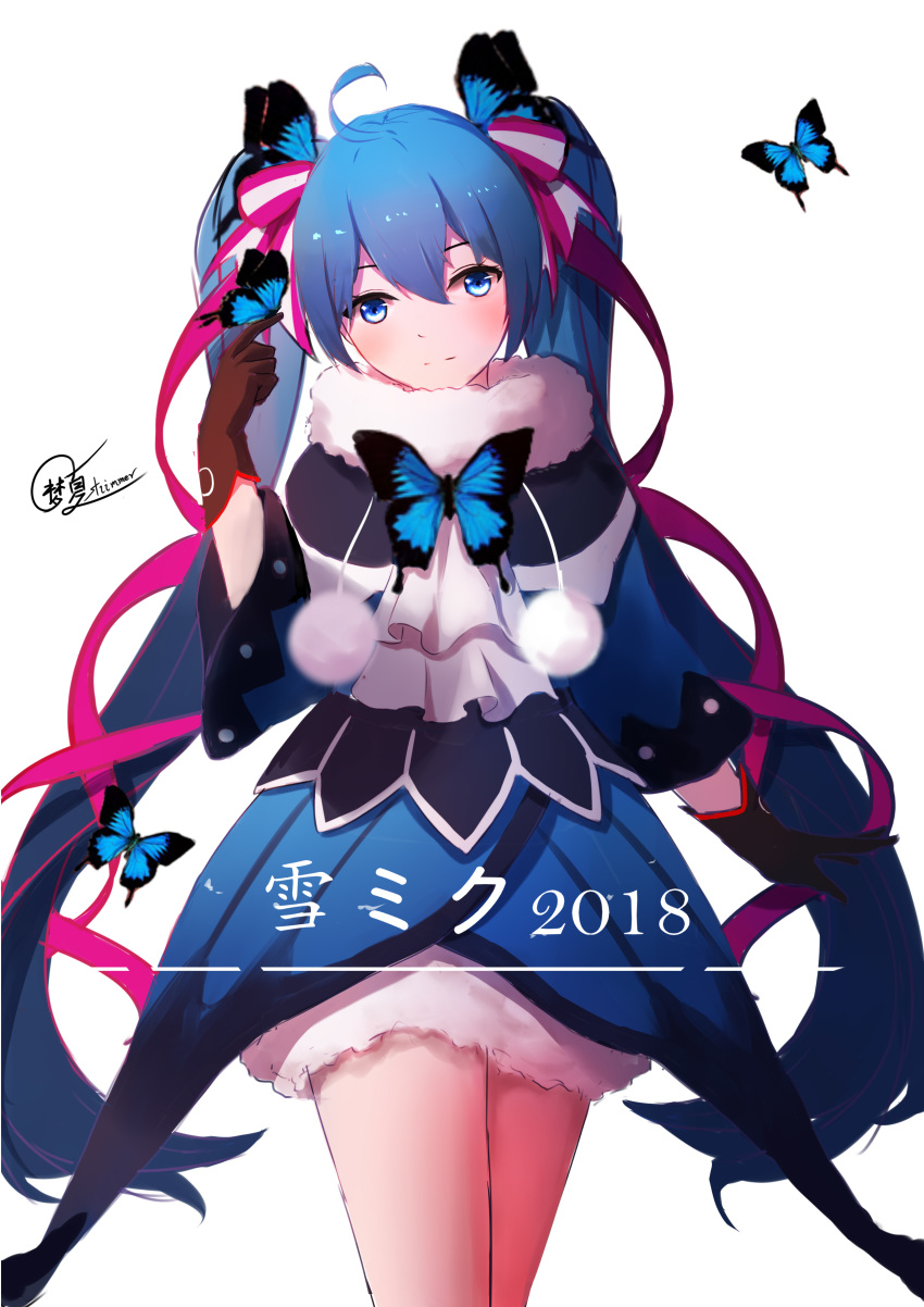 1girl 2018 absurdres blue_butterfly blue_capelet blue_dress blue_eyes blue_hair bug butterfly butterfly_dress butterfly_hair_ornament butterfly_on_finger capelet character_name chinese_commentary commentary cowboy_shot dress expressionless fur-trimmed_capelet fur_trim gloves hair_ornament hair_ribbon hand_up hatsune_miku highres insect long_hair looking_at_viewer pom_poms ribbon shimmer signature twintails very_long_hair vocaloid yuki_miku