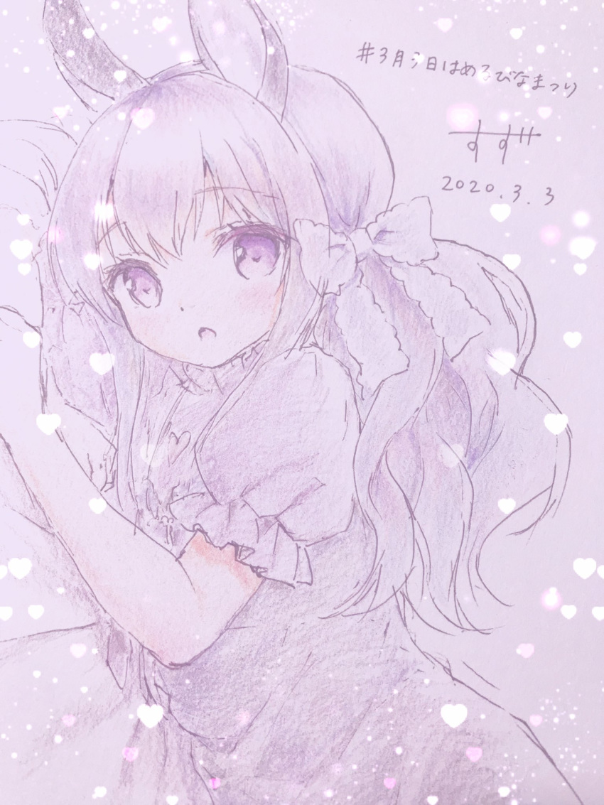 1girl :o animal_ears bangs blush bow chitosezaka_suzu commentary_request dated dress eyebrows_visible_through_hair hair_between_eyes hair_bow heart highres long_hair looking_at_viewer original parted_lips puffy_short_sleeves puffy_sleeves purple_background purple_bow purple_dress purple_hair purple_theme rabbit_ears short_sleeves solo traditional_media translation_request violet_eyes