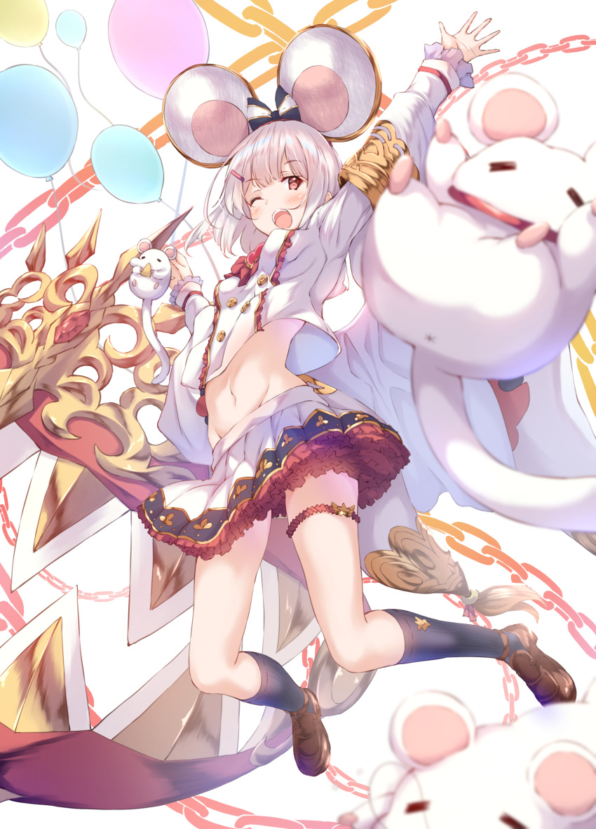 absurdres animal animal_ears balloon black_legwear brown_footwear chain cheese chinese_zodiac crop_top crop_top_overhang fake_animal_ears food granblue_fantasy hair_ornament hairclip highres holding holding_animal holding_balloon jumping looking_at_viewer mouse mouse_ears one_eye_closed open_mouth rat rat_ears red_eyes short_hair skirt socks ukiwakisen vikala_(granblue_fantasy) white_hair white_skirt year_of_the_rat