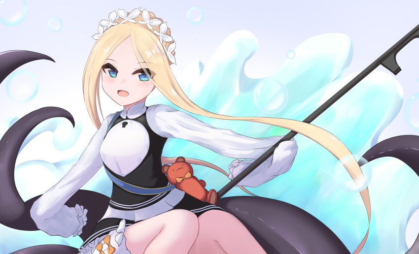 1girl abigail_williams_(fate/grand_order) absurdres alternate_costume bangs blonde_hair blue_eyes bow breasts commentary_request eyebrows_visible_through_hair fate/grand_order fate_(series) highres holding holding_key ichikawayan long_hair looking_at_viewer orange_bow parted_bangs sleeves_past_fingers sleeves_past_wrists small_breasts solo stuffed_animal stuffed_toy teddy_bear tentacles