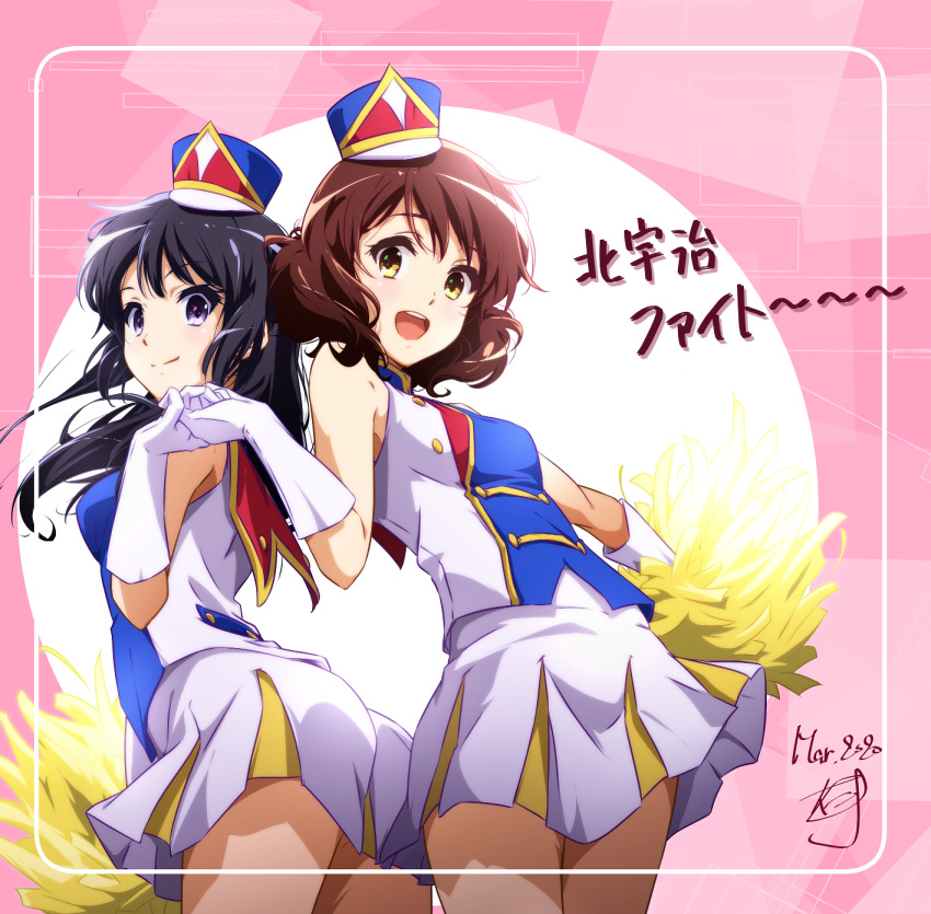 2girls :d abstract_background ass bangs bare_shoulders black_hair blue_headwear breasts brown_hair cheerleader cowboy_shot dated elbow_gloves eyebrows_visible_through_hair gloves hibike!_euphonium highres holding holding_hands kousaka_reina leaning_back leaning_forward long_hair looking_at_viewer looking_back miniskirt multiple_girls nii_manabu open_mouth oumae_kumiko pom_poms round_teeth short_hair signature skirt sleeveless small_breasts smile teeth upper_teeth violet_eyes white_gloves white_skirt yellow_eyes