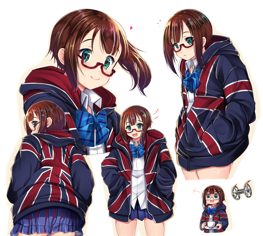 +++ 1girl :d black_jacket blue_bow blue_skirt blush bow brown_hair closed_mouth collared_shirt commentary_request cup dress_shirt flag_print green_eyes hair_ornament hairclip heart highres holding holding_cup holding_saucer hood hood_down hooded_jacket jacket kousaka_yukiho love_live! love_live!_school_idol_project mad_(hazukiken) multiple_views open_mouth oversized_clothes panjandrum pleated_skirt print_jacket red-framed_eyewear saucer semi-rimless_eyewear shirt side_ponytail skirt smile under-rim_eyewear union_jack white_background white_shirt