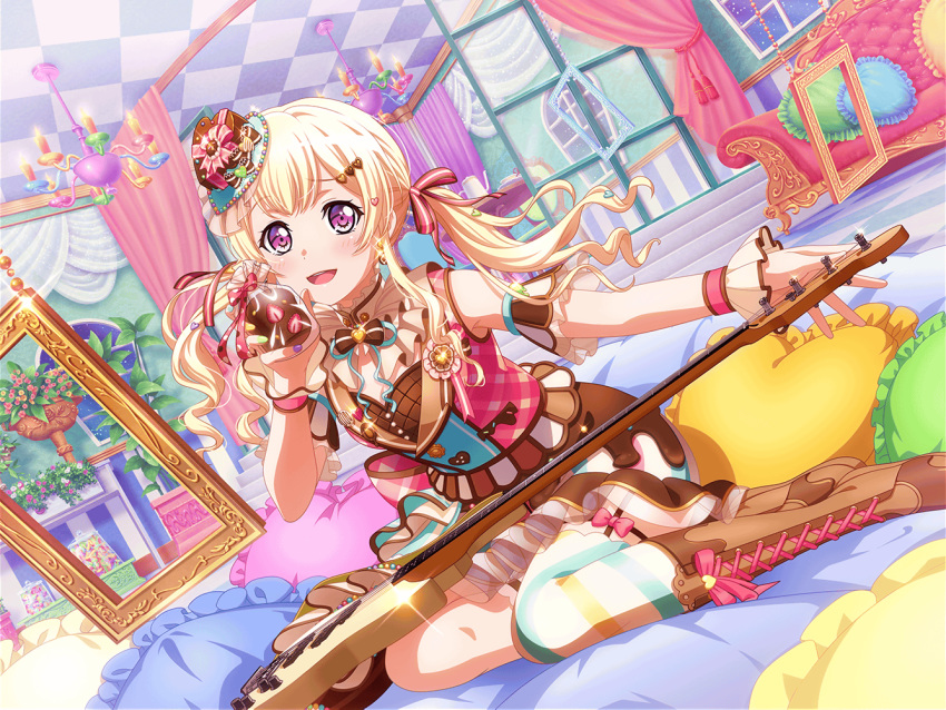 bang_dream! blonde_hair blush dress guitar long_hair pink_eyes shirasagi_chisato smile twintails