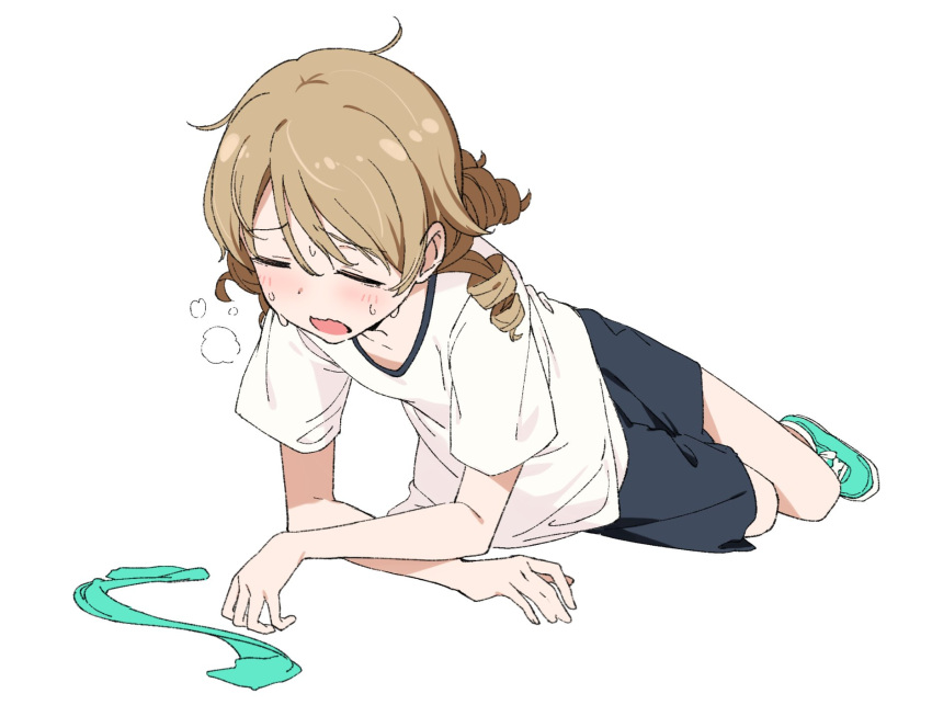 1girl black_shorts blush brown_hair collarbone dot_nose drill_hair exhausted flat_chest green_footwear gym_shirt gym_shorts hachimaki headband heavy_breathing highres idolmaster idolmaster_cinderella_girls idolmaster_cinderella_girls_starlight_stage light_brown_hair long_hair lying messy_hair morikubo_nono nyum on_side open_mouth ringlets shirt shoes short_sleeves shorts simple_background sneakers solo sweat wavy_mouth white_background white_shirt