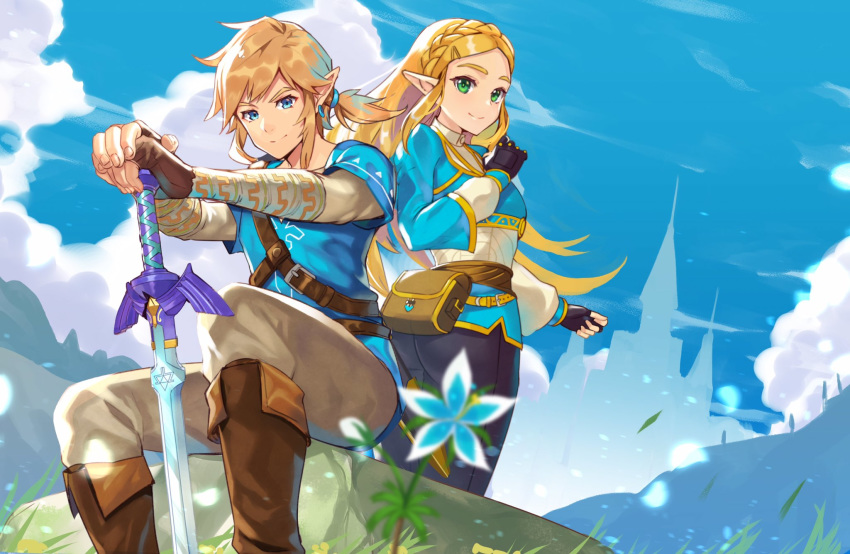 1boy 1girl ass bashikou blonde_hair blue_eyes breasts closed_mouth earrings gloves green_eyes hair_ornament highres jewelry link long_hair looking_at_viewer pointy_ears princess_zelda smile sword the_legend_of_zelda the_legend_of_zelda:_breath_of_the_wild weapon