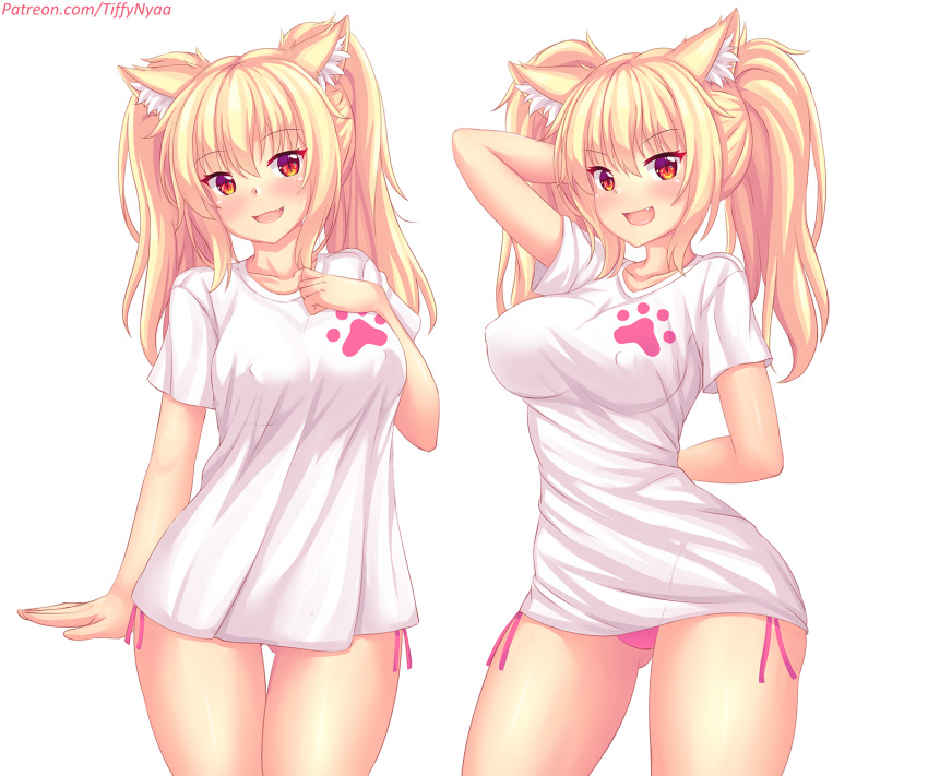 1girl animal_ear_fluff animal_ears ass_visible_through_thighs bangs blonde_hair blush breasts cat_ears commentary covered_nipples english_commentary eyebrows_visible_through_hair fang fast-runner-2024 highres large_breasts long_hair looking_at_viewer no_pants open_mouth original pajamas_challenge panties pink_panties red_eyes shirt side-tie_panties slit_pupils solo t-shirt tiffy_(fast-runner-2024) tight_shirt twintails underwear