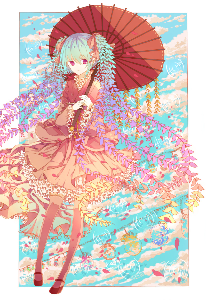 1girl aqua_hair chinese_commentary clouds cloudy_sky colorful commentary day dress flower frilled_dress frills hair_flower hair_ornament hair_ribbon highres holding holding_umbrella oriental_umbrella original outdoors petals petticoat pink_eyes red_dress red_legwear ribbon rinyusze shoes sky solo thigh-highs twintails umbrella