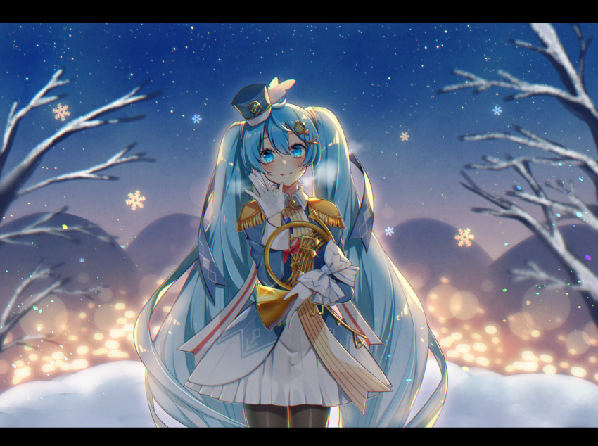1girl asagao_minoru band_uniform blue_eyes blue_jacket blue_ribbon blurry blurry_background blush bow bowtie closed_mouth commentary cowboy_shot epaulettes female french_horn gloves hair_ornament hair_ribbon hairclip hand_up hat hat_feather hatsune_miku highres holding holding_instrument instrument jacket light_blue_hair long_hair looking_at_viewer mini_shako_cap miniskirt night night_sky outdoors pantyhose pleated_skirt pokapoka_no_hoshi_(vocaloid) ribbon shako_cap skirt sky smile snow snowflakes solo standing striped striped_ribbon tree tree_branch twintails very_long_hair vocaloid waving white_bow white_gloves white_skirt winter yuki_miku yuki_miku_(2020)