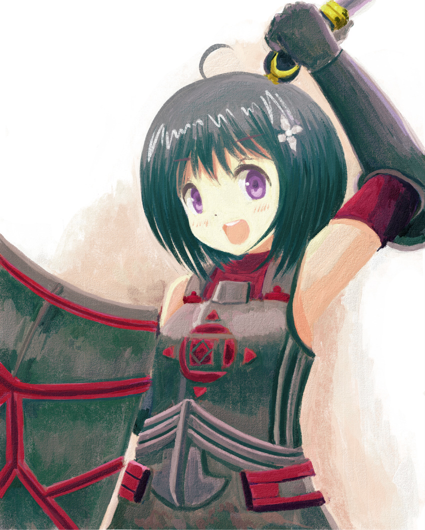 1girl :d absurdres ahoge arm_up armor armpits bangs bare_shoulders black_armor black_gloves black_hair blush bracer canvas_(medium) commentary elbow_gloves gloves hair_ornament highres holding holding_shield holding_weapon huge_filesize itai_no_wa_iya_nano_de_bougyoryoku_ni_kyokufuri_shitai_to_omoimasu looking_at_viewer maple_(bofuri) maple_(itai_no_wa_iya_nano_de_bougyoryoku_ni_kyokufuri_shitai_to_omoimasu) noodleboxp open_mouth painting red_gloves shield short_hair short_sword smile solo sword upper_body violet_eyes weapon