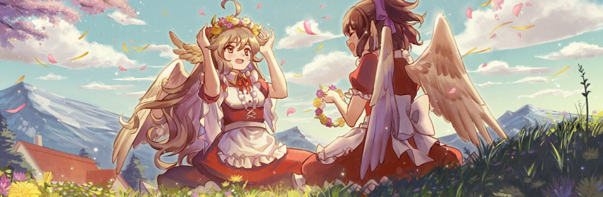 2girls ahoge angel_wings apron back_bow bow brown_eyes brown_hair closed_eyes clouds cloudy_sky commentary_request dress eyebrows_visible_through_hair floating_hair flower_wreath grass hair_between_eyes hair_bow hair_flaps head_wings house light_brown_hair litter1152 long_hair looking_at_another mountain multiple_girls open_mouth original outdoors petals purple_bow red_dress seiza short_hair short_sleeves sitting sky waist_apron wings