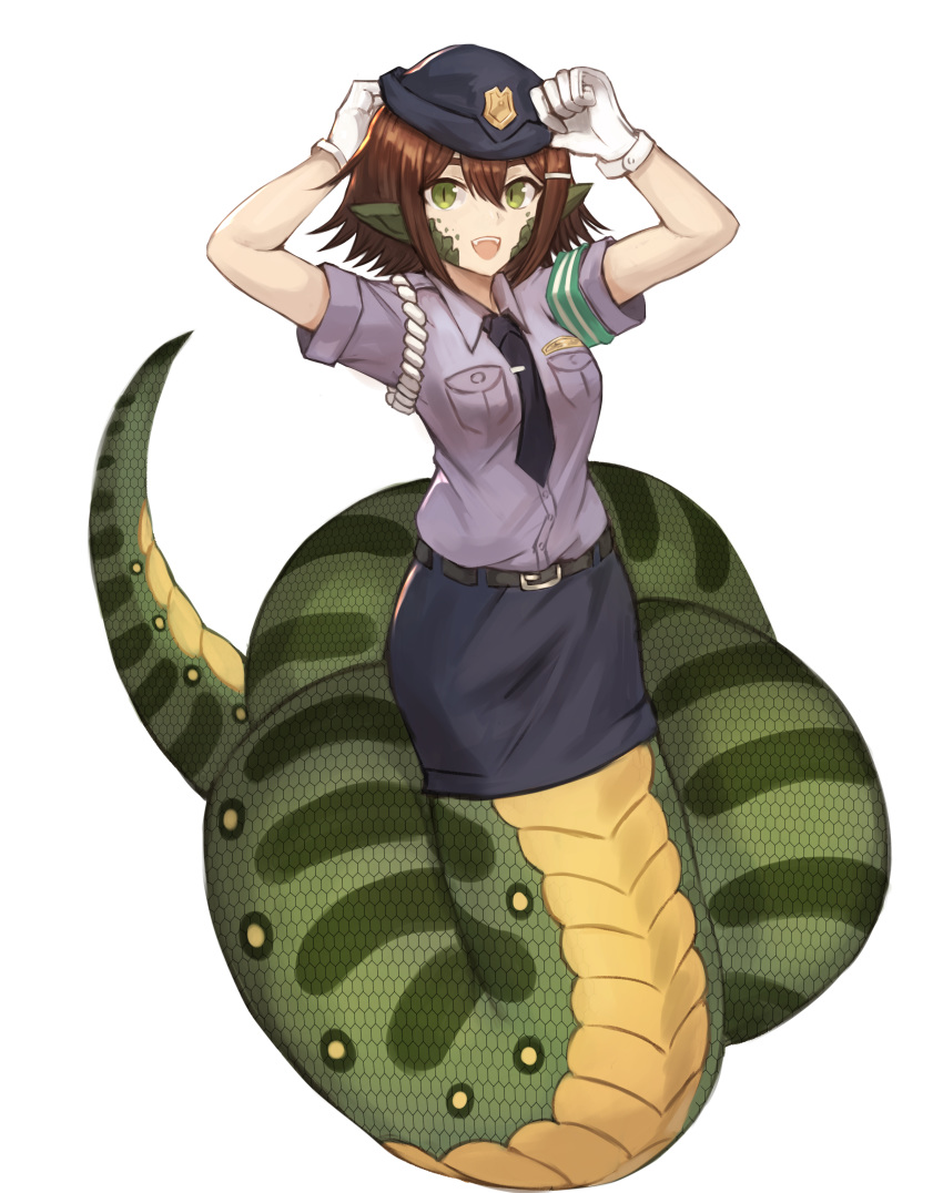 1girl :d absurdres armband arms_up badge belt belt_buckle blue_shirt blue_skirt breast_pocket breasts brown_hair buckle commission fangs full_body gloves green_eyes hair_between_eyes hair_ornament hairclip happy hat highres lamia looking_at_viewer monster_girl necktie open_mouth original pocket pointy_ears police police_uniform policewoman putting_on_hat scales shirt short_hair short_sleeves simple_background skirt slit_pupils smile solo sookmo standing tail uniform white_background white_gloves