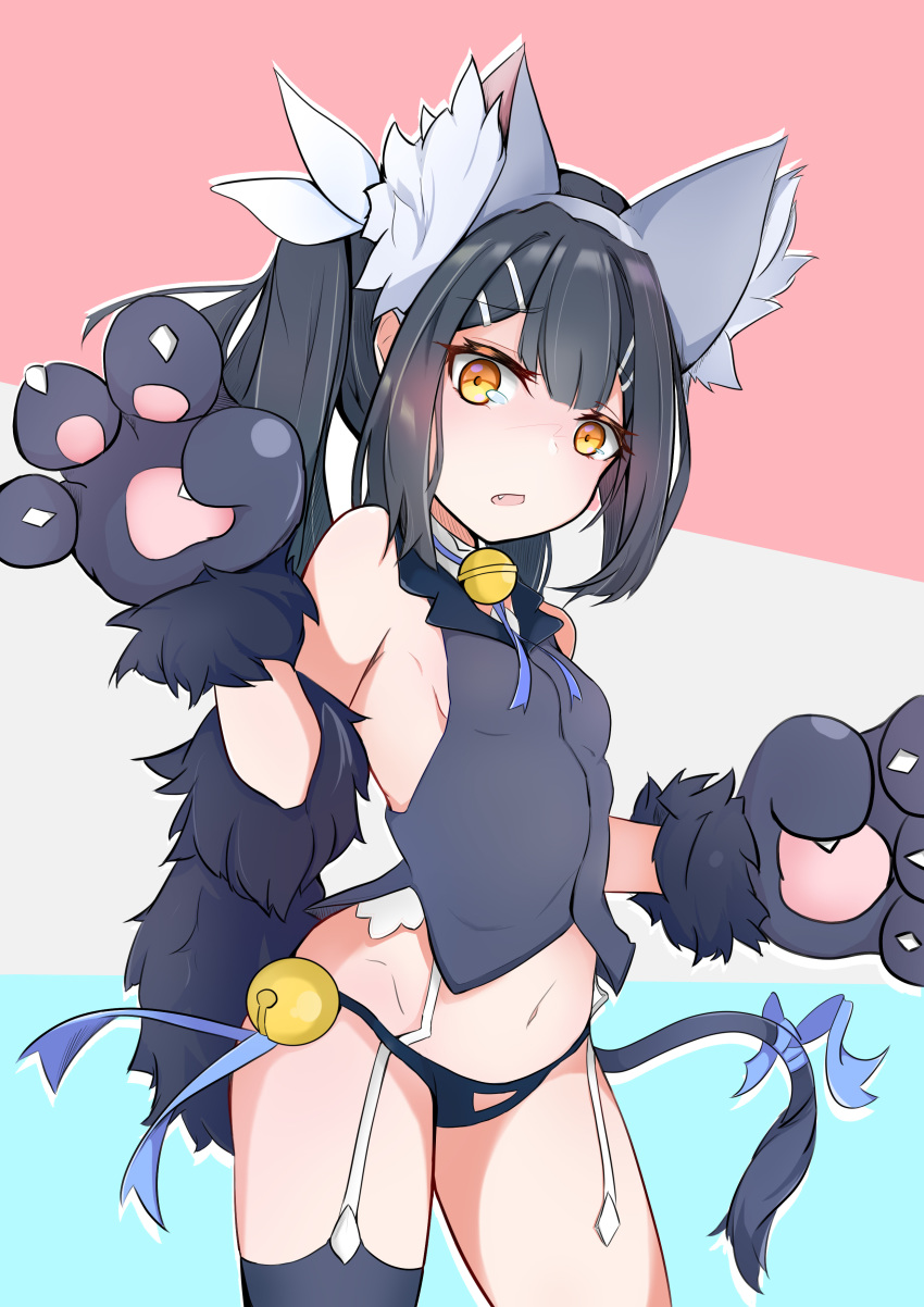 1girl absurdres animal_ear_fluff animal_ears bangs bare_shoulders bell black_hair blue_background blue_ribbon blush breasts cat_ears cat_tail elbow_gloves fang fate/kaleid_liner_prisma_illya fate_(series) feathers fur_trim garter_straps gloves grey_legwear grey_vest hair_feathers hair_ornament hairclip hands_up highres jingle_bell long_hair looking_at_viewer miyu_edelfelt multicolored multicolored_background navel neck_ribbon open_mouth paw_gloves paws pink_background ribbon small_breasts solo tail thigh-highs thighs twintails vest white_background winghd yellow_eyes