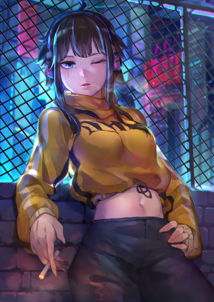 1girl absurdres against_fence against_wall ahoge bangs black_pants blue_eyes breasts brown_hair chain-link_fence cigarette commentary_request cropped_jacket cyberpunk fence hand_on_hip headphones highres huge_filesize jacket looking_at_viewer medium_breasts mr.lime navel neon_lights one_eye_closed original pants robot_joints science_fiction short_hair_with_long_locks smoke smoking solo turtleneck turtleneck_jacket wireless yellow_jacket