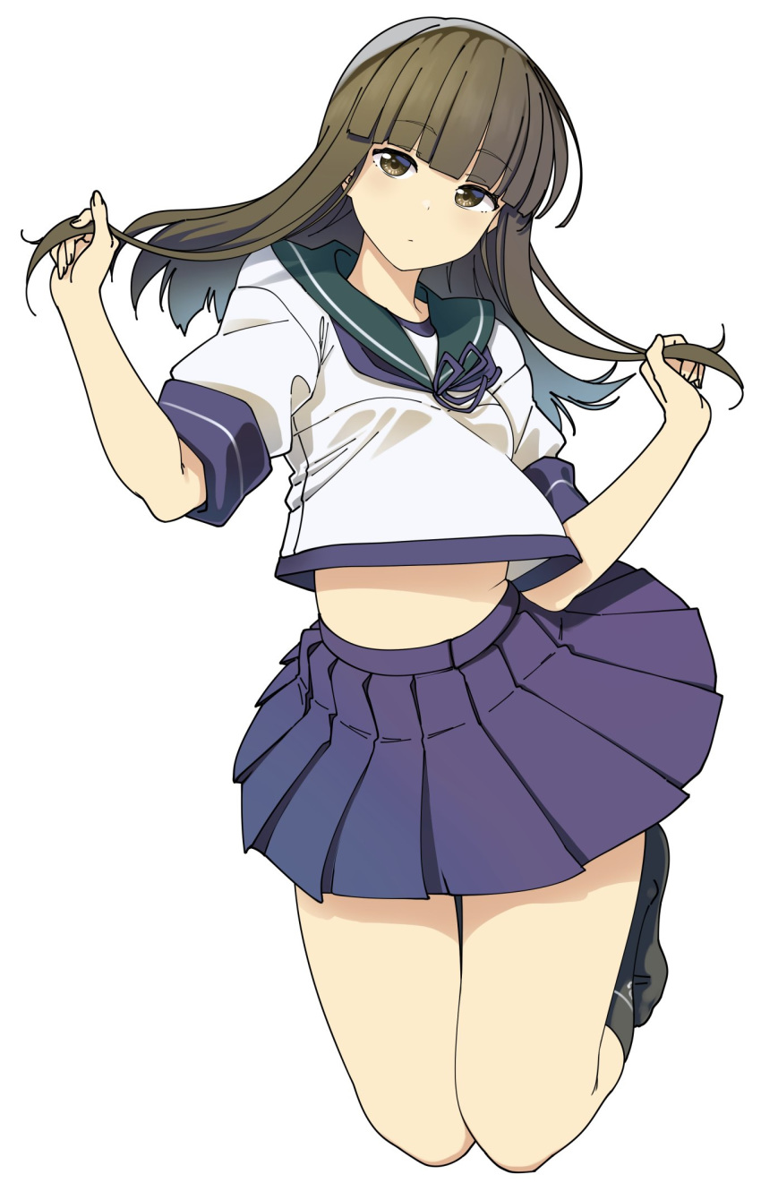 1girl bangs black_hair black_legwear blue_neckwear blue_ribbon blue_sailor_collar blue_skirt blunt_bangs brown_eyes eyebrows_visible_through_hair full_body hatsuyuki_(kantai_collection) highres hime_cut kantai_collection kneehighs long_hair neck_ribbon pleated_skirt ribbon sailor_collar school_uniform serafuku shinomu_(cinomoon) short_sleeves simple_background skirt solo white_background