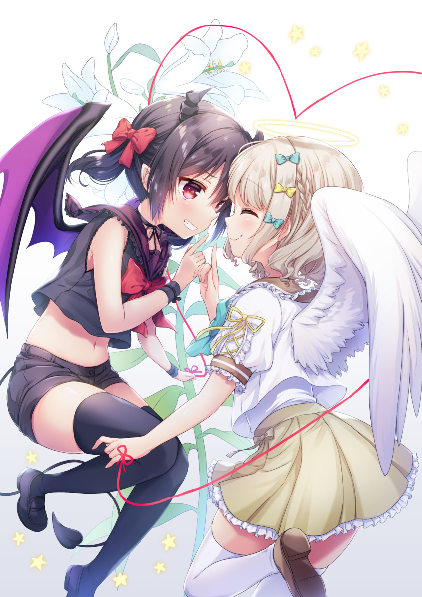 2girls angel_and_devil angel_wings bare_shoulders black_hair black_legwear black_shirt black_shorts bow bowtie choker closed_eyes commentary_request crop_top crop_top_overhang demon_girl demon_horns demon_tail demon_wings flower frilled_skirt frills grin hair_bow halo highres horns index_finger_raised kisukekun lily_(flower) loafers long_hair looking_at_another midriff miniskirt multiple_girls navel original pointy_ears red_eyes sailor_collar shirt shirt_overhang shoes short_shorts shorts skirt sleeveless sleeveless_shirt smile stomach tail thigh-highs twintails undershirt white_flower white_legwear white_shirt wings wristband yellow_skirt zettai_ryouiki