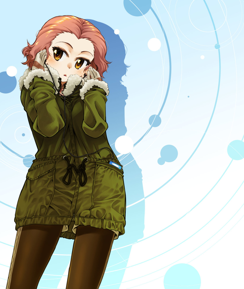 1girl black_legwear blue_background brown_eyes brown_shorts casual coat cowboy_shot fur-trimmed_coat fur_trim girls_und_panzer gloves green_coat grey_gloves head_tilt highres legwear_under_shorts looking_at_viewer medium_hair pantyhose parted_lips r-ex redhead rosehip_(girls_und_panzer) shadow short_shorts shorts solo standing