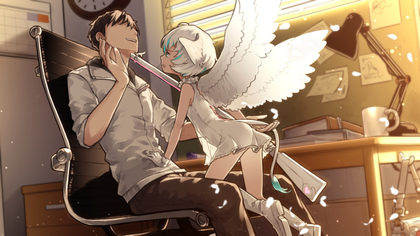 1boy 1girl aoi_tsunami ass black_hair blinds blue_eyes blue_hair book boots brown_pants chair clock commentary desk desk_lamp dress english_commentary faceless faceless_male feathered_wings feathers gun head_wings heart highres holding holding_gun holding_tail holding_weapon indoors jacket knee_boots kneeling lamp multicolored_hair musket office_chair on_chair original pants parted_lips profile see-through see-through_silhouette shoe_soles short_sleeves sitting smile streaked_hair sunlight sunset tail upper_teeth wall_clock weapon white_dress white_feathers white_footwear white_hair white_jacket white_wings window wings
