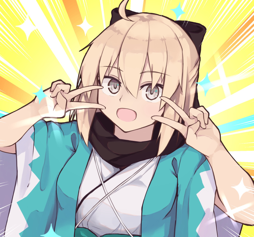 1girl ahoge bangs black_bow black_scarf blonde_hair blue_background blush bow breasts double_v emotional_engine_-_full_drive fate/grand_order fate_(series) hair_between_eyes hair_bow haori highres japanese_clothes kimono koha-ace long_sleeves medium_breasts okita_souji_(fate) okita_souji_(fate)_(all) open_mouth parody scarf short_hair smile solo v white_kimono wide_sleeves