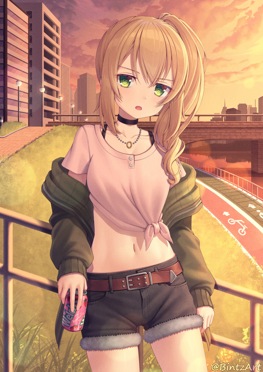 1girl absurdres belt bintz black_shorts blonde_hair bra_strap bridge building can chloe_(princess_connect) choker clouds collarbone cowboy_shot crop_top cutoffs front-tie_top green_eyes green_jacket highres holding holding_can huge_filesize jacket jewelry long_hair long_sleeves looking_at_viewer midriff navel necklace off_shoulder open_clothes open_jacket open_mouth outdoors park princess_connect! princess_connect!_re:dive railing shirt short_shorts short_sleeves shorts side_ponytail soda_can solo standing stomach sunset thighs white_shirt