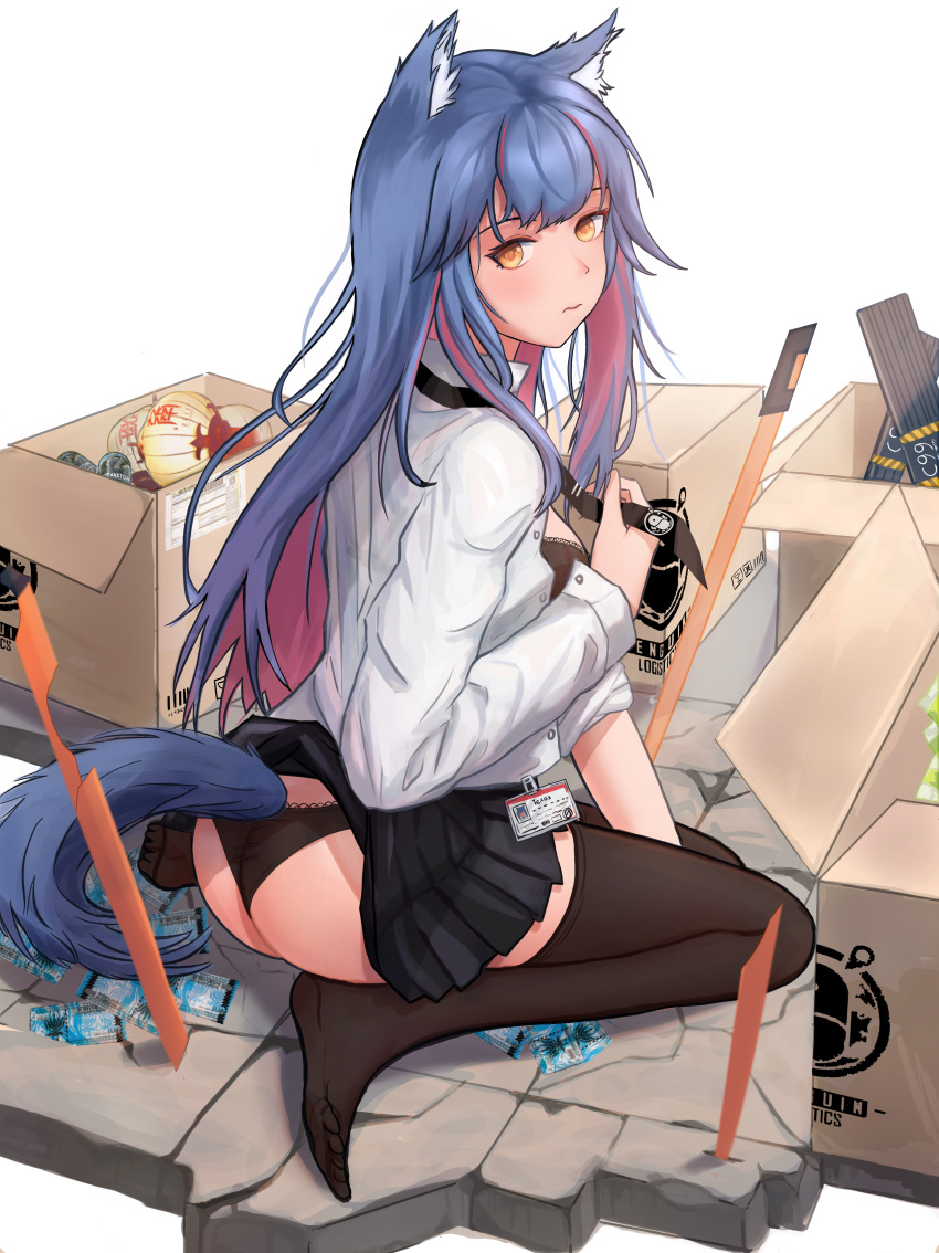 1girl absurdres alternate_costume animal_ear_fluff animal_ears arknights ass bangs black_bra black_legwear black_neckwear black_skirt blue_hair blush box bra breasts brown_eyes cardboard_box chinese_commentary commentary_request from_behind highres id_card laozhanshi long_hair long_sleeves looking_at_viewer looking_back medium_breasts miniskirt multicolored_hair necktie no_shoes planted_sword planted_weapon pleated_skirt redhead revision seiza shirt sidelocks simple_background sitting skirt solo sword tail texas_(arknights) thigh-highs thighs underwear weapon white_background white_shirt wolf_ears wolf_tail