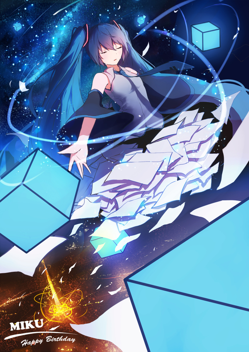 1girl absurdres aqua_neckwear bare_shoulders black_skirt black_sleeves blue_hair character_name chinese_commentary closed_eyes commentary_request crying cube detached_sleeves grey_shirt hair_ornament happy_birthday hatsune_miku highres long_hair necktie outstretched_arms paper shimmer shirt skirt sky sleeveless sleeveless_shirt solo star_(sky) starry_sky tears twintails upper_body very_long_hair vocaloid