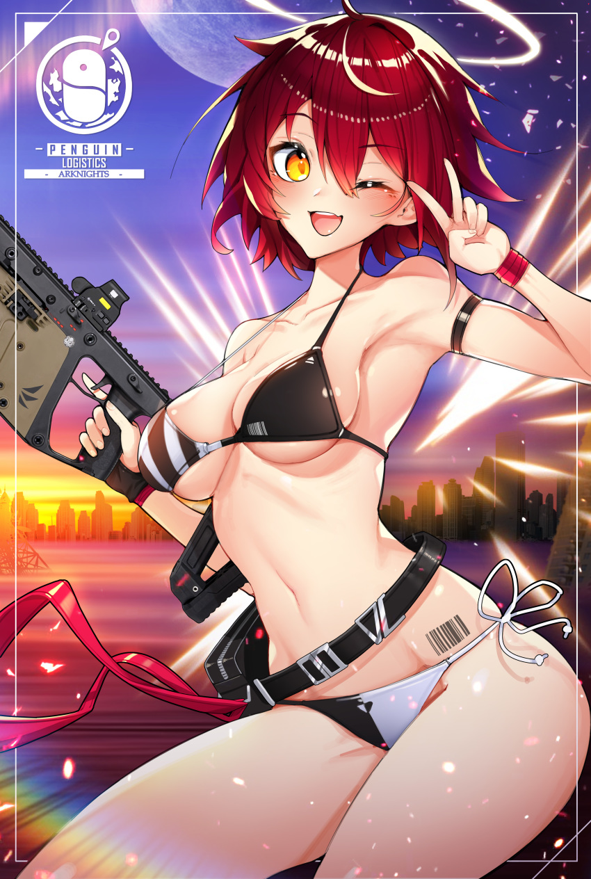1girl ;d absurdres arknights arm_strap armpits bangs barcode barcode_tattoo bare_arms bare_shoulders belt bikini black_belt black_bikini blush breasts cityscape collarbone commentary_request copyright_name cowboy_shot exusiai_(arknights) eyebrows_visible_through_hair gun hair_between_eyes halo hand_up highres holding holding_gun holding_weapon huge_filesize korean_commentary kyudong. looking_at_viewer medium_breasts moon multicolored multicolored_bikini multicolored_clothes navel one_eye_closed open_mouth outdoors partial_commentary pouch redhead short_hair side-tie_bikini smile solo stomach strap_gap sunset swimsuit tattoo thighs trigger_discipline v weapon white_bikini wristband yellow_eyes