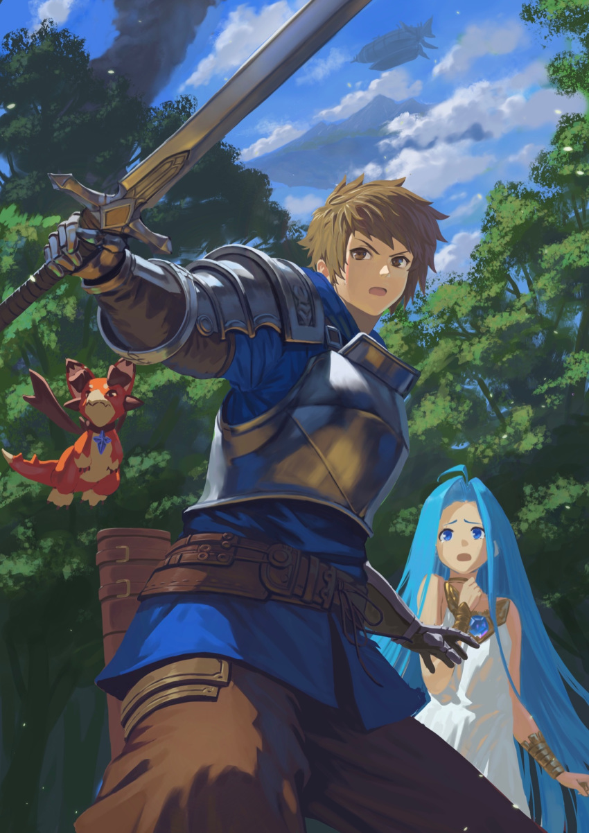 1boy 1girl ahoge armor belt blue_eyes blue_hair blue_shirt blue_sky bracelet breastplate brown_eyes brown_hair brown_pants character_request clouds day dragon fighting_stance flying forest gloves granblue_fantasy highres holding holding_sword holding_weapon jewelry legs_apart long_hair nature open_mouth outdoors pants scared shirt sky sword tree very_long_hair wasabi60 weapon