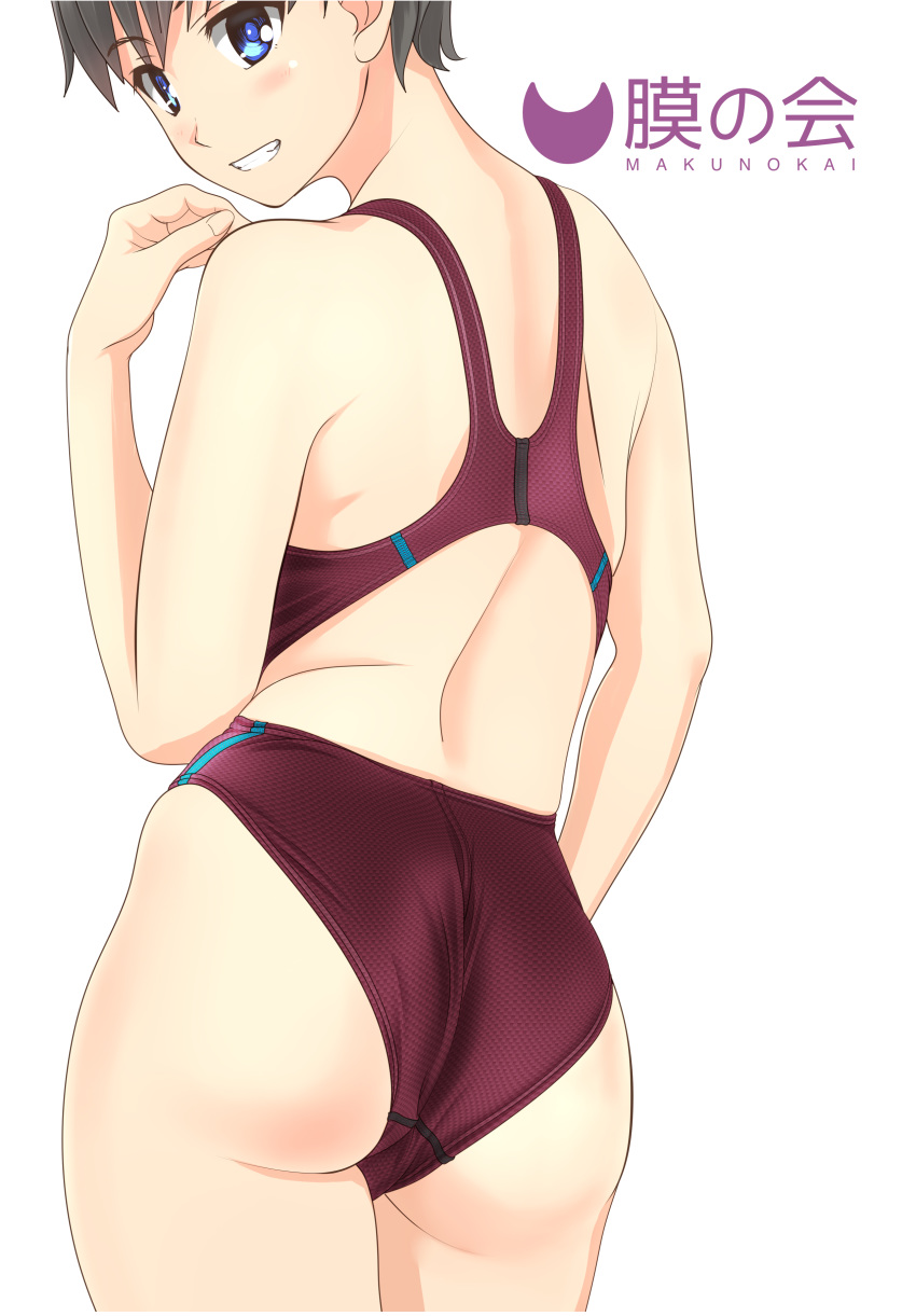 1girl absurdres black_hair blue_eyes commentary_request competition_swimsuit cowboy_shot from_behind grin highres logo looking_at_viewer looking_back one-piece_swimsuit original red_swimsuit short_hair simple_background smile solo swimsuit takafumi white_background