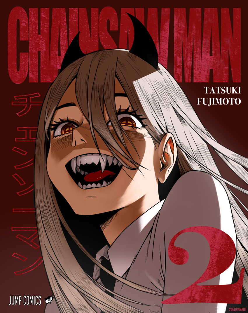 1girl absurdres blonde_hair chainsaw_man collared_shirt copyright_name demon_horns evil_smile eyelashes fangs formal hair_between_eyes highres horns laughing long_hair looking_at_viewer necktie parody power_(chainsaw_man) red_background sharp_teeth shirt smile solo teeth tongue white_shirt yellow_eyes