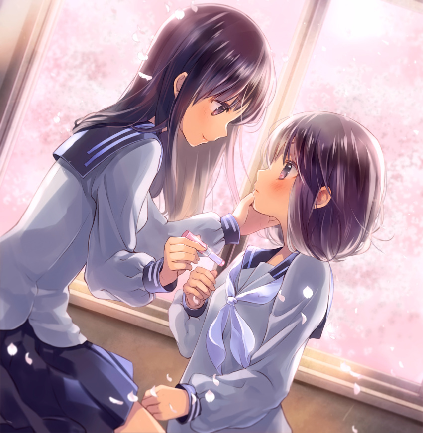2girls bangs black_sailor_collar black_skirt blue_neckwear blush cherry_blossoms closed_mouth commentary_request dutch_angle eye_contact eyebrows_visible_through_hair grey_shirt hand_on_another's_face highres holding indoors kuga_tsukasa long_sleeves looking_at_another multiple_girls neckerchief original petals pleated_skirt profile purple_hair sailor_collar school_uniform serafuku shirt sitting skirt sleeves_past_wrists smile standing violet_eyes window