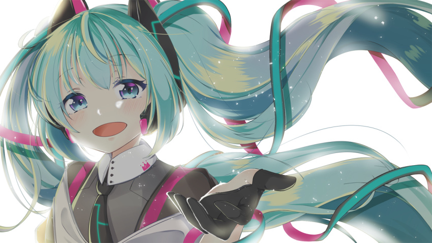 1girl aqua_eyes aqua_hair black_gloves black_neckwear bloom commentary crown_print gloves grey_shirt hachipuyo hair_ornament hair_ribbon half-closed_eyes half_gloves hand_in_hand_(vocaloid) hand_up hatsune_miku headset light_blush light_particles long_hair magical_mirai_(vocaloid) necktie open_mouth reaching_out ribbon shirt smile solo twintails upper_body very_long_hair vocaloid white_background