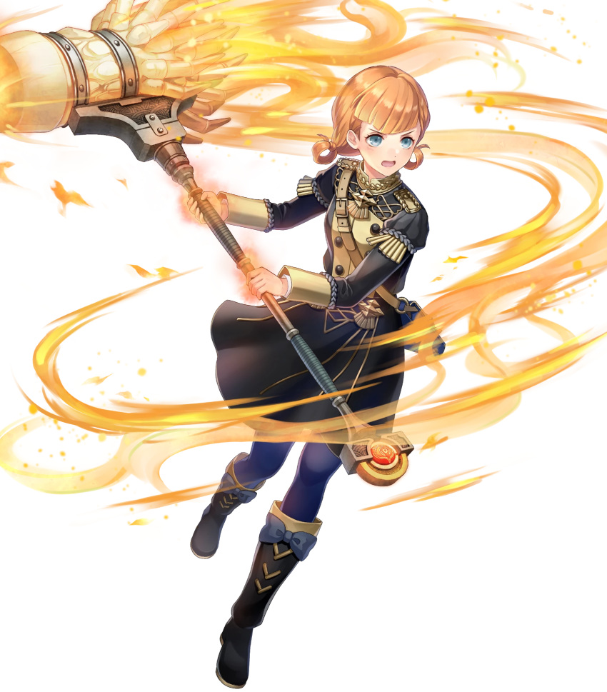 1girl annette_fantine_dominic aura bag blue_eyes blush boots bow epaulettes fire fire_emblem fire_emblem:_three_houses fire_emblem_heroes full_body garreg_mach_monastery_uniform hammer highres official_art open_mouth orange_hair solo thigh-highs transparent_background twintails