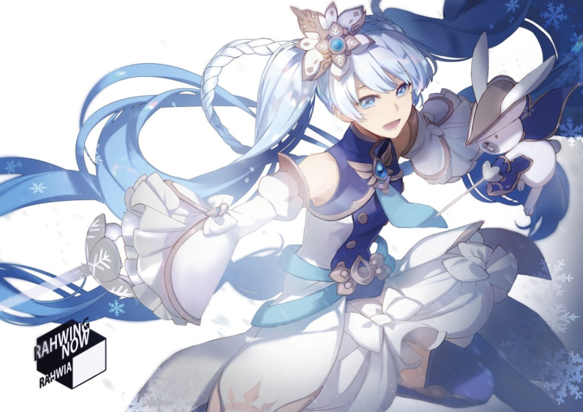 1girl alternate_costume bare_shoulders blue_eyes blue_legwear braid commentary detached_sleeves dress dress_bow flower frilled_sleeves frills hair_flower hair_ornament hatsune_miku holding holding_sword holding_weapon leg_up light_blue_hair long_hair long_sleeves looking_at_another open_mouth outstretched_arm rabbit rabbit_yukine rahwia sleeveless sleeveless_dress smile snowflake_print snowflakes sword thigh-highs twintails very_long_hair vocaloid weapon white_dress white_sleeves yuki_miku