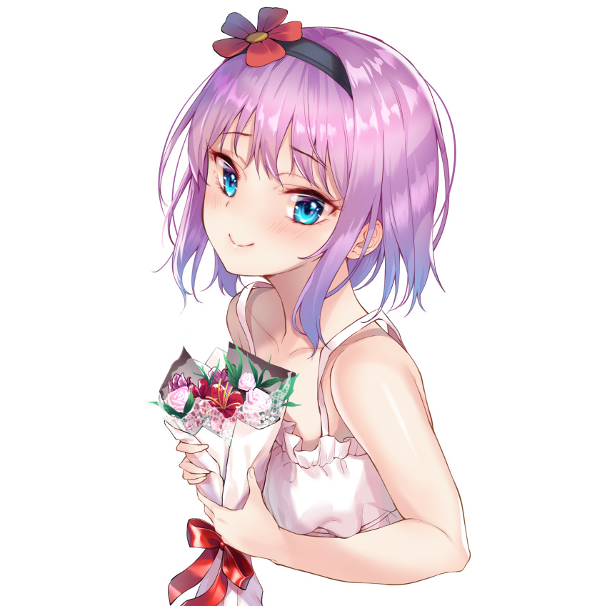 1girl absurdres bangs bare_arms bare_shoulders black_hairband blue_eyes blush breasts collarbone commentary_request dress eyebrows_visible_through_hair flower hair_flower hair_ornament hairband highres holding holding_flower looking_at_viewer mayoichi medium_hair original purple_hair red_flower red_ribbon ribbon simple_background small_breasts smile solo white_background white_dress