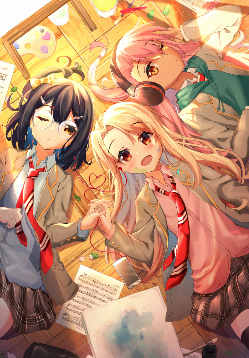3girls :d bangs black_hair blazer blonde_hair blue_shirt blush brown_eyes cellphone chloe_von_einzbern closed_mouth collared_shirt commentary_request dark_skin diagonal-striped_neckwear diagonal_stripes drawstring dress_shirt earphones eyebrows_visible_through_hair fate/kaleid_liner_prisma_illya fate_(series) glasses green_hoodie grey_jacket hair_between_eyes hair_ornament hairclip hand_up headphones heart highres holding_hands hood hood_down hoodie illyasviel_von_einzbern interlocked_fingers jacket long_sleeves looking_at_viewer lying miyu_edelfelt multiple_girls necktie on_back on_floor open_blazer open_clothes open_jacket open_mouth paint_on_face palette parted_bangs parted_lips phone pink_hair pink_skirt red_eyes red_neckwear round_eyewear sasatabekung school_uniform shared_earphones shirt skirt smile striped striped_neckwear white_shirt