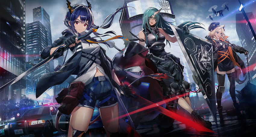 3girls :d animal_ears arknights arm_ribbon armor bangs bare_shoulders belt beret black_dress black_gloves black_headwear black_jacket black_legwear black_pants black_ribbon black_shirt blonde_hair blue_hair boots breastplate breasts car ch'en_(arknights) chain city clothes_around_waist clouds cloudy_sky commentary_request crown_victoria dragon_horns dragon_tail dress drill_hair drill_locks drone dual_wielding dutch_angle fang fingerless_gloves ford gloves green_hair ground_vehicle hair_over_one_eye hat holding holding_chain holding_sword holding_weapon horn horns hoshiguma_(arknights) jacket katana knee_pads long_hair looking_at_viewer medium_breasts motor_vehicle motorcycle multiple_girls navel necktie oni_horns open_clothes open_jacket open_mouth outdoors pants planted police_car red_eyes reverse_grip revision ribbon shield shirt short_dress shorts side_slit skin-covered_horns sky sleeveless sleeveless_shirt smile standing swav swire_(arknights) sword tail thigh-highs thighs tiger_ears twin_drills weapon white_shirt yellow_eyes yellow_neckwear zettai_ryouiki