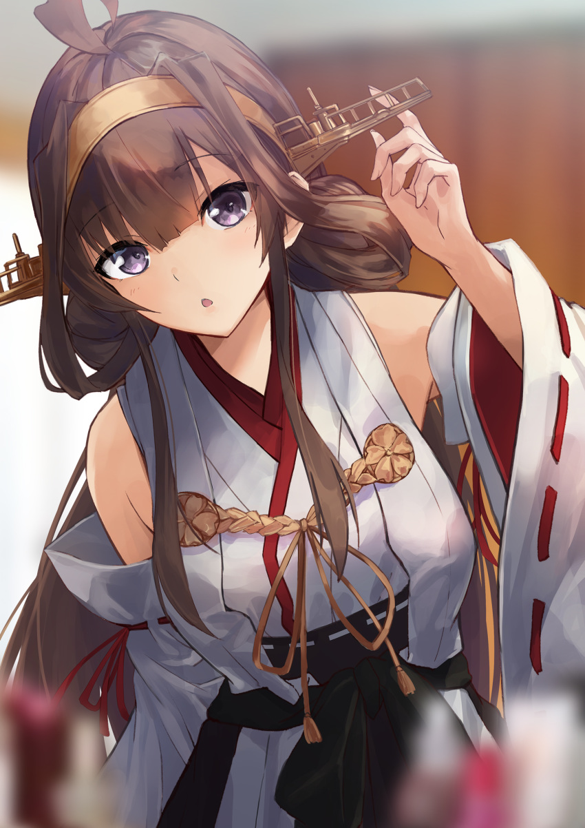 1girl ahoge bare_shoulders breasts brown_hair detached_sleeves double_bun hair_ornament hairband headgear highres japanese_clothes kantai_collection kongou_(kantai_collection) konkito long_hair looking_at_viewer nontraditional_miko open_mouth remodel_(kantai_collection) skirt solo violet_eyes
