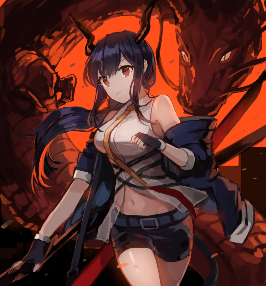 1girl absurdres arknights bare_shoulders belt black_gloves black_hair black_jacket black_shorts breasts ch'en_(arknights) cowboy_shot dragon dragon_horns fingerless_gloves gloves highres horns jacket jewelry long_hair looking_at_viewer medium_breasts navel necklace off_shoulder open_clothes open_jacket pn_pixi red_eyes shirt short_shorts shorts sleeveless sleeveless_shirt solo standing stomach white_shirt