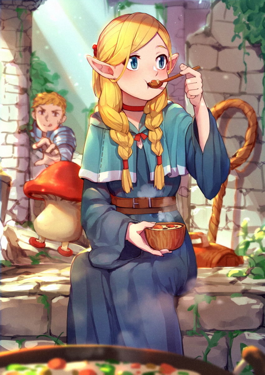 1boy 1girl absurdres belt blonde_hair blue_dress blue_eyes bowl braid choker dress dungeon_meshi eating elf flat_chest food hair_over_shoulder hair_pulled_back highres huge_filesize laios_thorden long_hair low-tied_long_hair marcille monster mr.lime mushroom pointy_ears red_choker sitting solo_focus soup spoon spoon_in_mouth tongue tongue_out tunic twin_braids wide_sleeves wooden_spoon