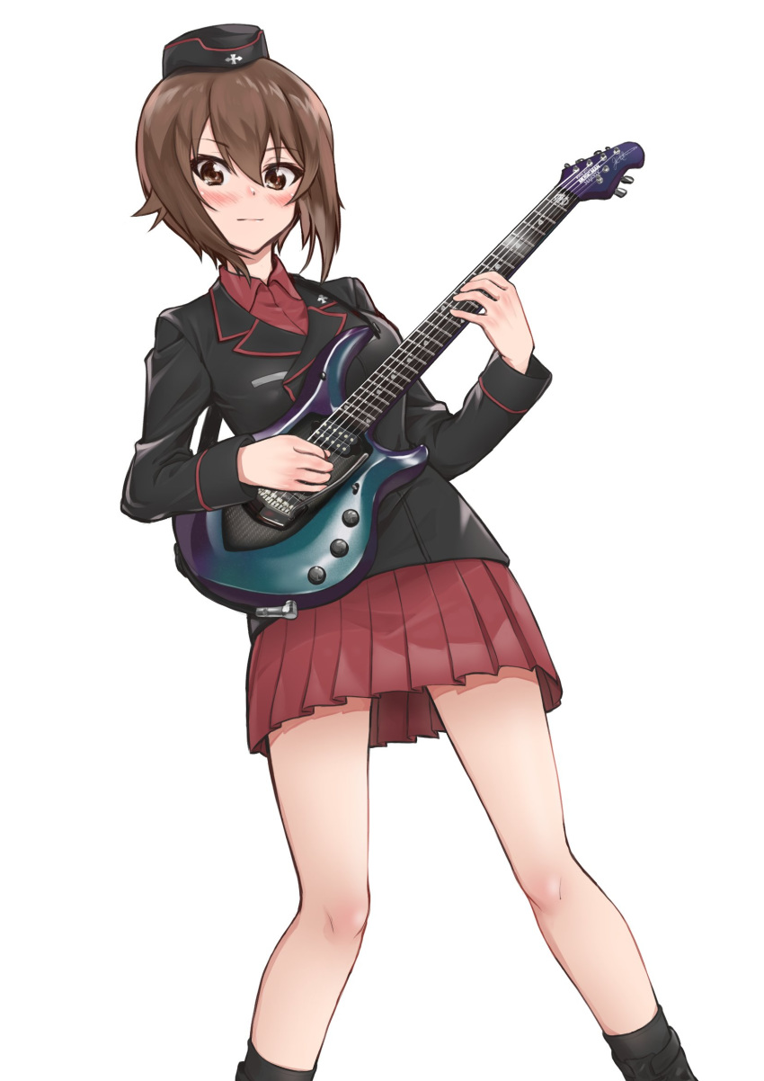 1girl bangs black_headwear black_jacket black_legwear brown_eyes brown_hair carrying closed_mouth collaboration commentary_request depayama_(depaty) dress_shirt electric_guitar eyebrows_visible_through_hair garrison_cap girls_und_panzer guitar hat highres insignia instrument jacket kuromorimine_military_uniform light_blush long_sleeves looking_at_viewer mamu_t7s military military_hat military_uniform miniskirt music nishizumi_maho playing_instrument pleated_skirt red_shirt red_skirt shirt short_hair simple_background skirt smile socks solo standing uniform white_background wing_collar