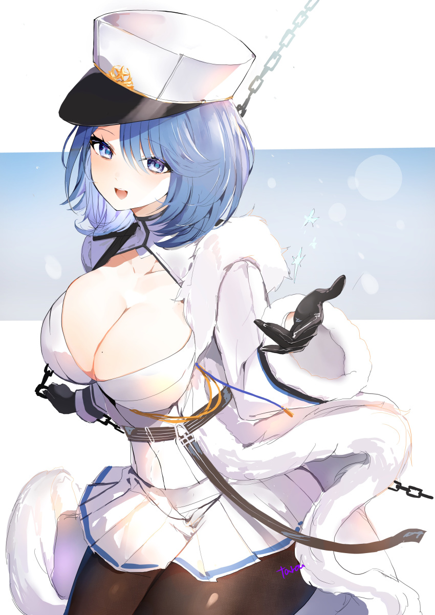 1girl absurdres azur_lane bangs black_gloves blue_eyes blue_hair blush breasts chain chapayev_(azur_lane) eyebrows_visible_through_hair gloves hair_ornament hairclip hat highres hoerutarou jacket large_breasts looking_at_viewer military_hat peaked_cap pleated_skirt short_hair skirt smile solo white_headwear white_jacket white_skirt