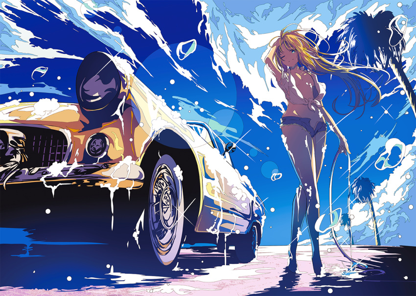 1girl berryverrine blonde_hair blue_sky car car_wash clouds commentary cutoffs denim denim_shorts english_commentary ground_vehicle hand_on_own_head hose lens_flare ligne_claire long_hair motor_vehicle one_eye_closed open_fly original palm_tree shirt short_shorts shorts sky soap_bubbles solo standing tied_shirt tree