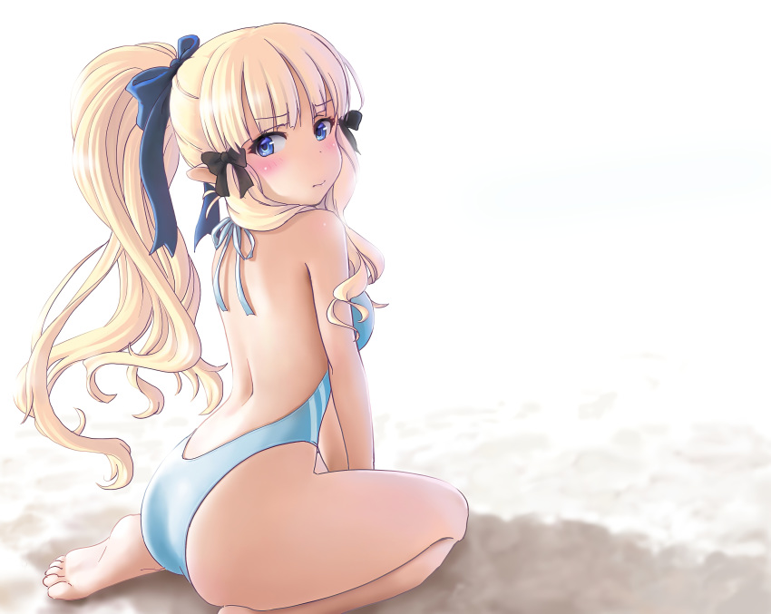 1girl absurdres ass bikini blonde_hair blue_eyes blush breasts elf highres horse_tail long_hair looking_at_viewer md5_mismatch medium_breasts pointy_ears princess_connect! princess_connect!_re:dive ribbon sasaki_saren solo swimsuit tail thighs une
