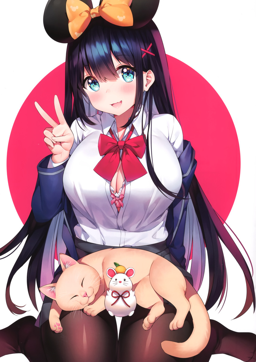1girl absurdres animal ayamy bangs black_hair blazer blue_eyes blush bow breasts cat hair_ornament highres jacket large_breasts long_hair long_sleeves looking_at_viewer off_shoulder open_clothes open_mouth original pantyhose red_bow scan shiny shiny_clothes shiny_hair shiny_skin shirt simple_background sitting skirt sleeping v wariza white_background white_shirt x_hair_ornament