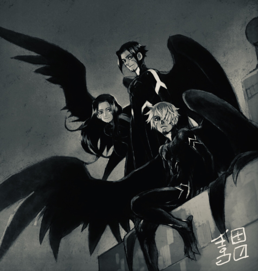 1girl 2boys bird_wings birdmen closed_mouth frown greyscale hair_over_one_eye highres long_hair monochrome multiple_boys outdoors rooftop signature sitting sky smile standing talons turtleneck wings yellowbirdlab