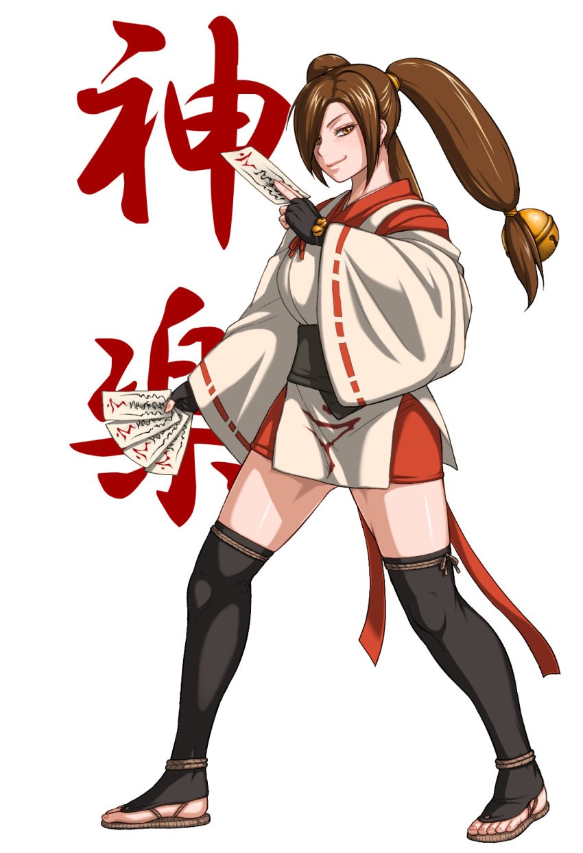 1girl bell black_legwear bouningen braid breasts brown_eyes brown_hair commentary_request full_body hair_bell hair_ornament hair_over_one_eye highres japanese_clothes jingle_bell kagura_(tenchu) kimono large_breasts ninja obi ofuda over-kneehighs pelvic_curtain sandals sash short_kimono smile smug solo tenchuu thigh-highs thighs toeless_legwear toes twin_braids white_background wide_sleeves