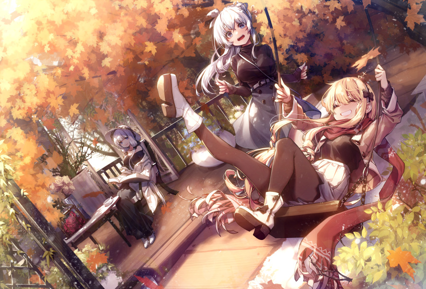 3girls 909089089 absurdres armchair autumn autumn_leaves azur_lane black_legwear black_pants black_sweater blonde_hair blue_eyes blush book boots breasts brown_jacket chair character_request closed_eyes full_body hair_ornament hat highres huge_filesize jacket large_breasts leaf long_hair long_skirt long_sleeves looking_at_viewer maple_leaf multiple_girls open_mouth outdoors pants pantyhose red_eyes silver_hair sitting skirt smile sweater table tree white_footwear