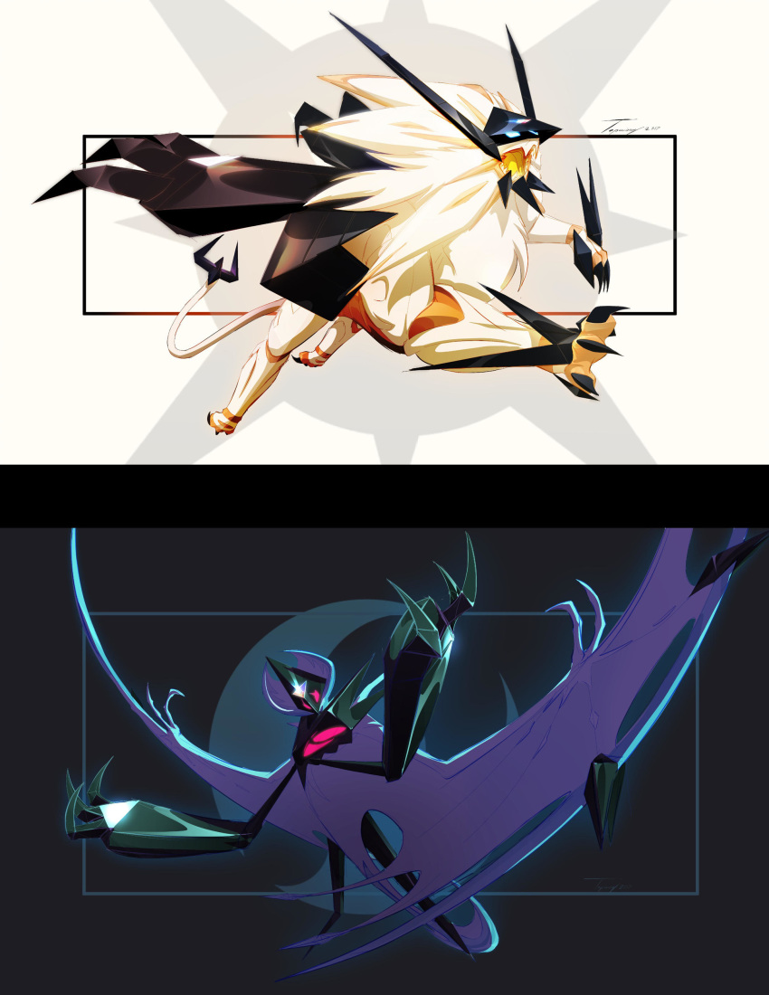 absurdres black_background commentary creature english_commentary full_body gen_7_pokemon highres legendary_pokemon necrozma necrozma_(dawn_wings) necrozma_(dusk_mane) no_humans pokemon pokemon_(creature) tapwing white_background